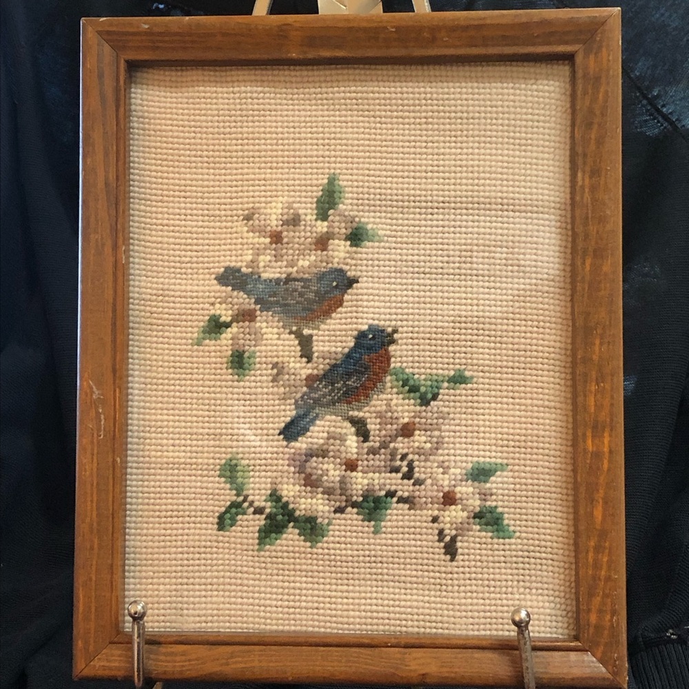 Vintage Framed Needlepoint Petit Point Bluebirds on Flowering Dogwood Finished